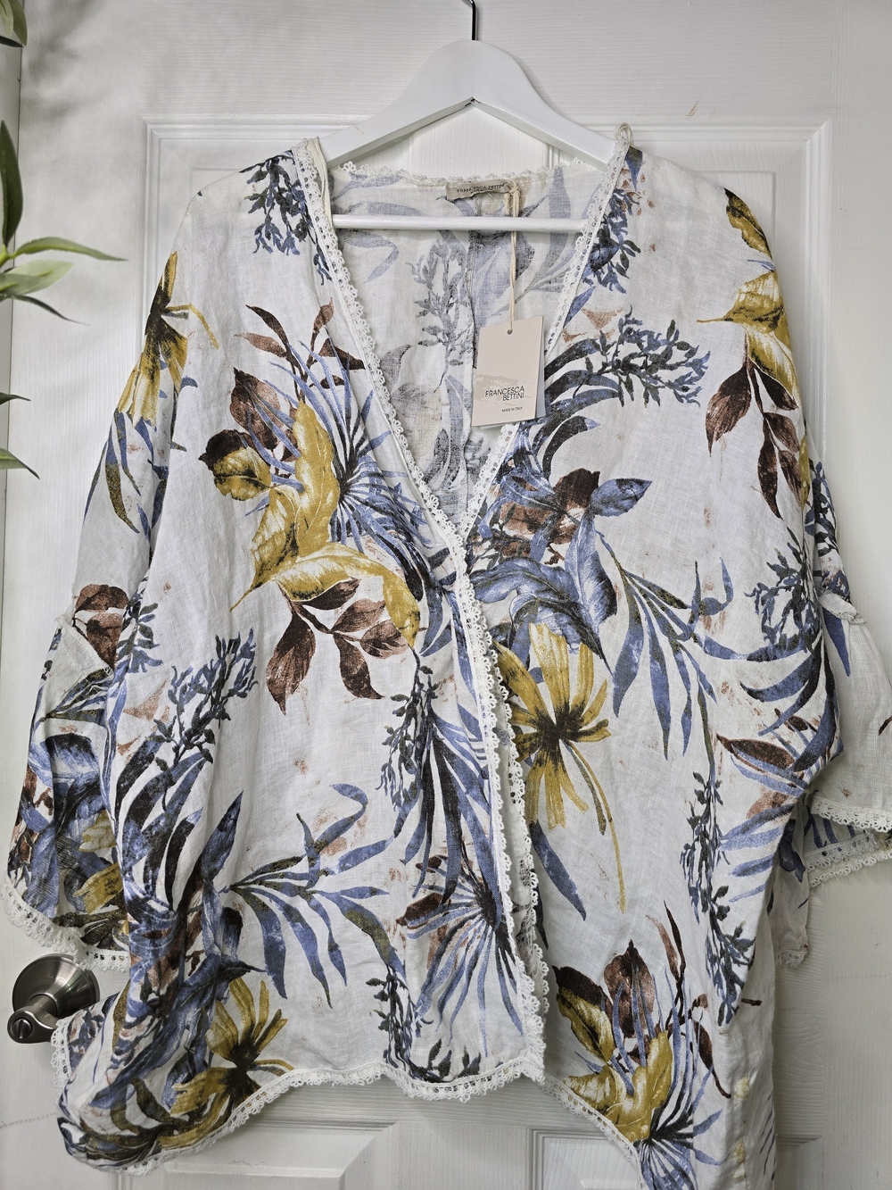 Francesca Bettini Italy 100% Linen Tropical Floral Lace Trim Kimono Top One Size